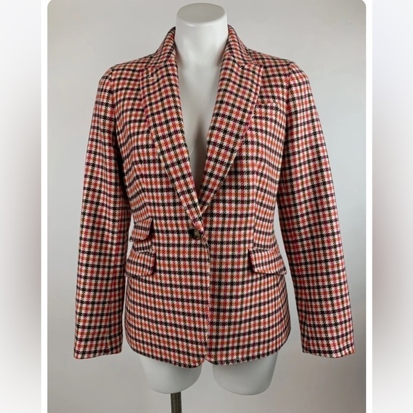 Talbots Houndstooth Plaid Wool Blazer Academia Size 6P Elbow Patch Women - Picture 1 of 16